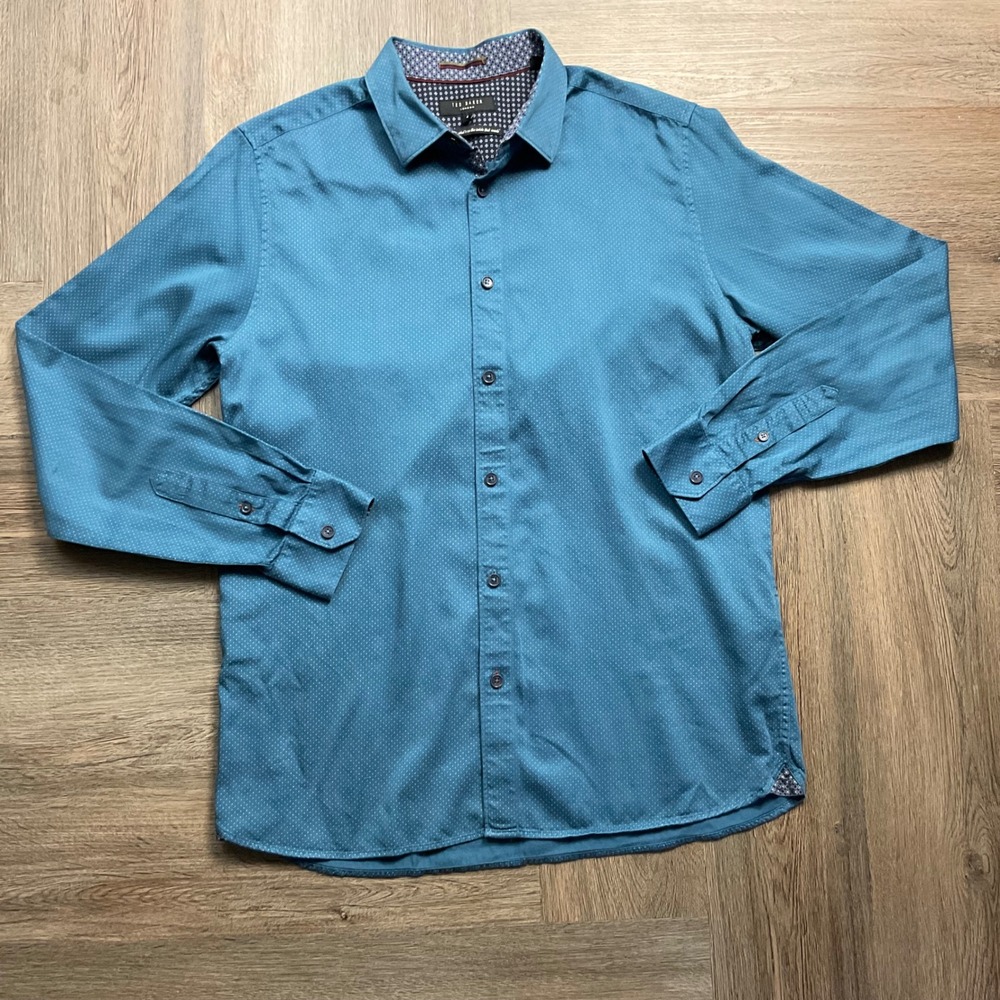 Ted Baker Dress Shirt Mens 4 Large Teal Blue Micro Dot Cotton Long Sleeve Button